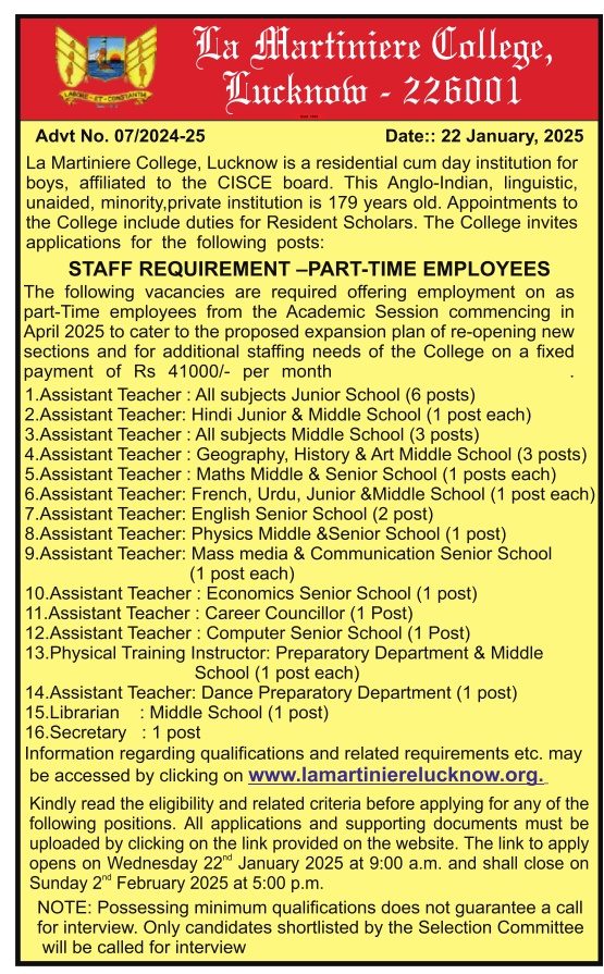 La Martiniere College Teaching Non Teaching Recruitment 2025